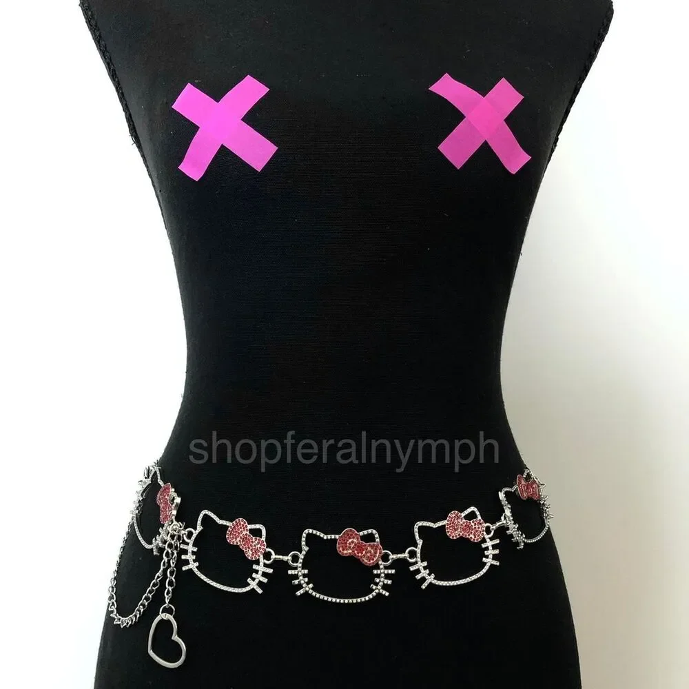 Y2K Kawaii Rhinestone Hello Kitty Chain Belt, Fits 13–37.5 Inches, X7GA1219